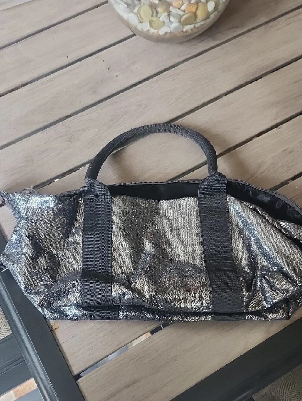 Victoria's Secret Silver Sequin Cosmetic Tote with Black Straps